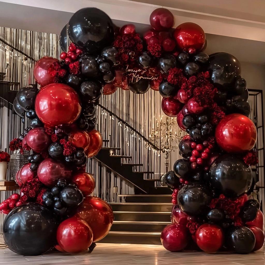 Black Red Balloon Arch Double Stuffed Black Burgundy Maroon Balloons Dark Ruby Red Metallic Balloon Garland Kit for Birthday Wedding Anniversary Graduation Party Decorations