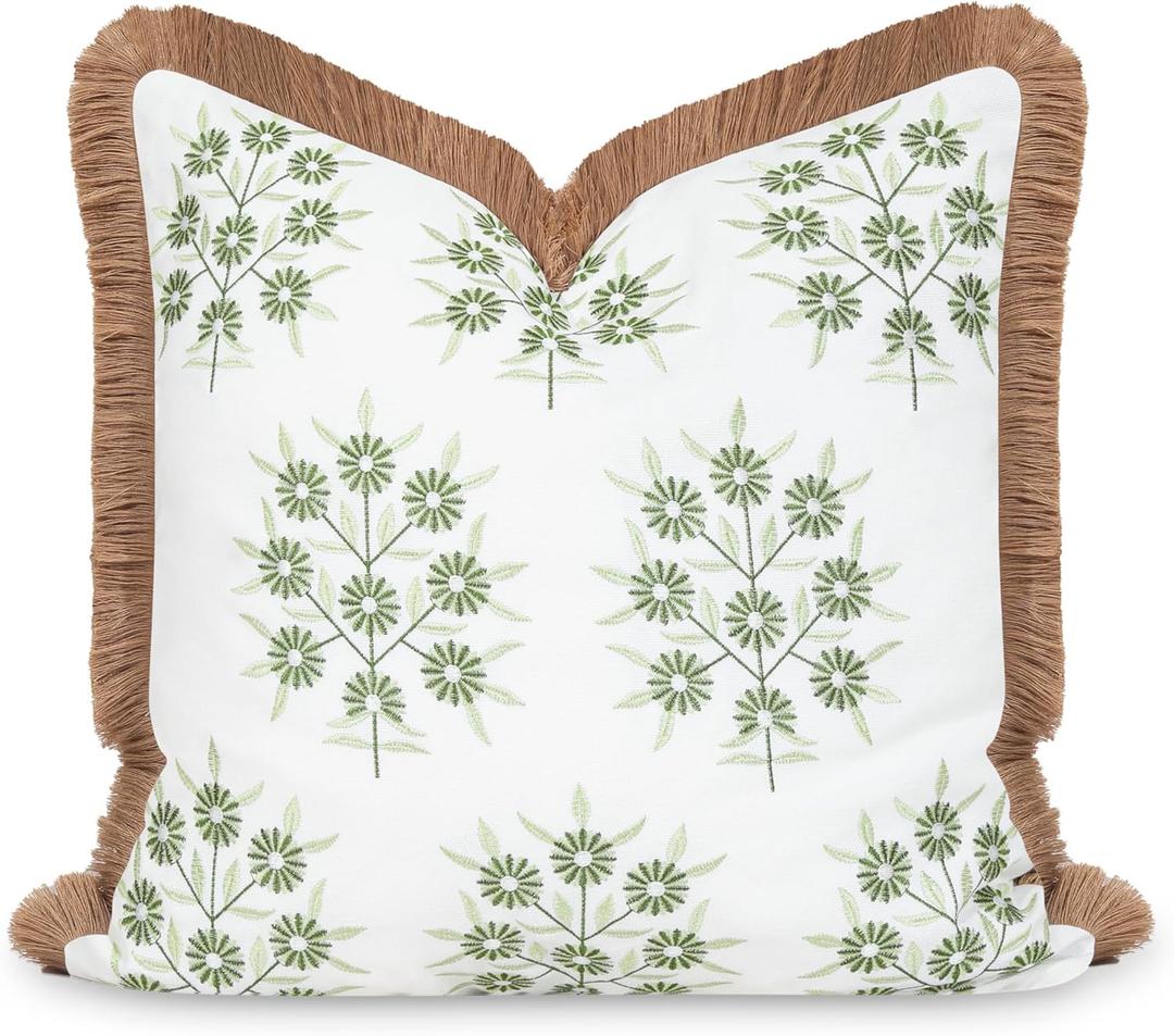 Hofdeco Premium Coastal Patio Indoor Outdoor Throw Pillow Cover Only, 20"x20" Water Repellent for Backyard, Couch, Green Embroidered Floral with Fringe