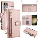Asuwish Phone Case for Samsung Galaxy S23 Ultra 5G Zipper Wallet Cell Cover, with Tempered Glass Screen Protector and Crossbody Strap, Card Holder S23Ultra 23S S 23 23Ultra 6.8 inch Women Rose Gold