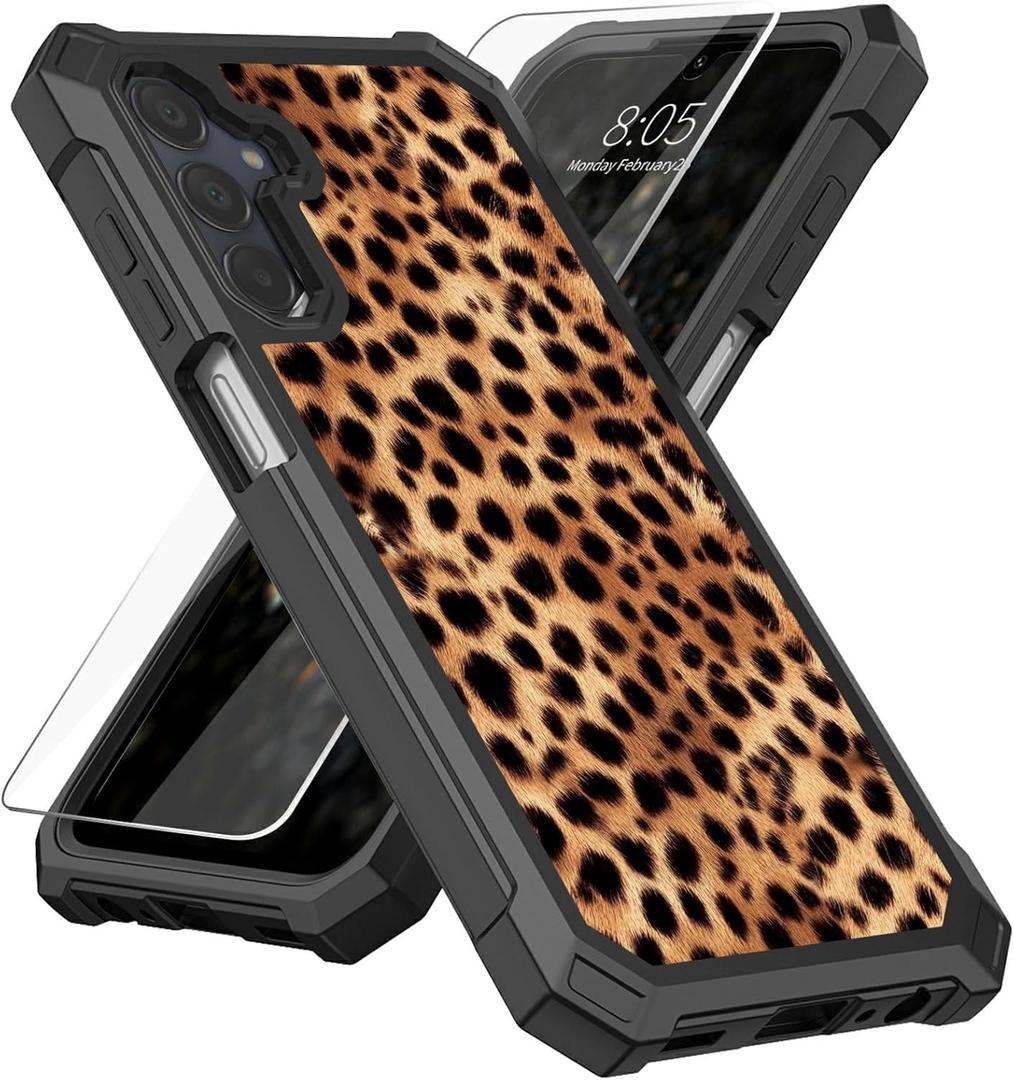 for Samsung Galaxy A15-5G Case with Screen Protector, Military Grade Drop Protection, Dual Layer Hybrid Shockproof Protection TPU Phone Case for Samsung A15 5G, Leopard Print