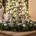 3 x Wood Candle Holders (Set of 3) Hand Carved Decorative Candle Holders for Living Room, Table Centerpiece, from Wood, White wash Finish - 12", 15", 18"