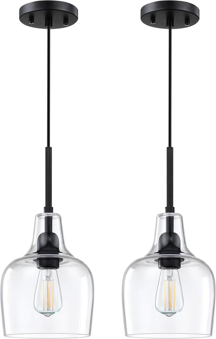 2 Pack 1 Light Kitchen Island Pendant Ceiling Light 6.11" Clear Glass Black Finish Fixture,Modern Industrial Farmhouse Pendant Lamp for Bedside Over Sink Hallway