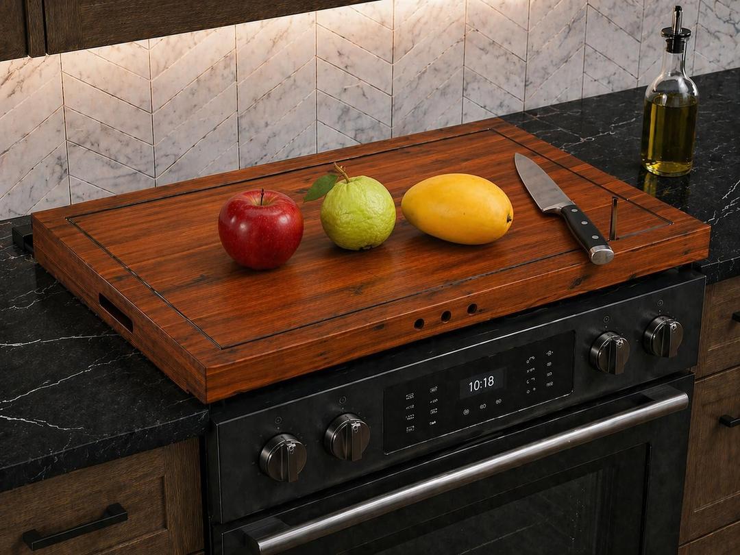 4-in-1 Noodle Board Stove Cover, Lightweight Wooden Stovetop Cover and Cutting Board for Electric, Glass, and Gas Stoves, Multi-Purpose Countertop Work Surface (Natural Acacia), 31"L x 20"W
