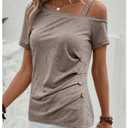 SOLY HUX Women's Cold Shoulder Short Sleeve T Shirt Asymmetric Neck Ruched Button Tee Summer Casual Tops Plain Mocha Brown Large (Brown)