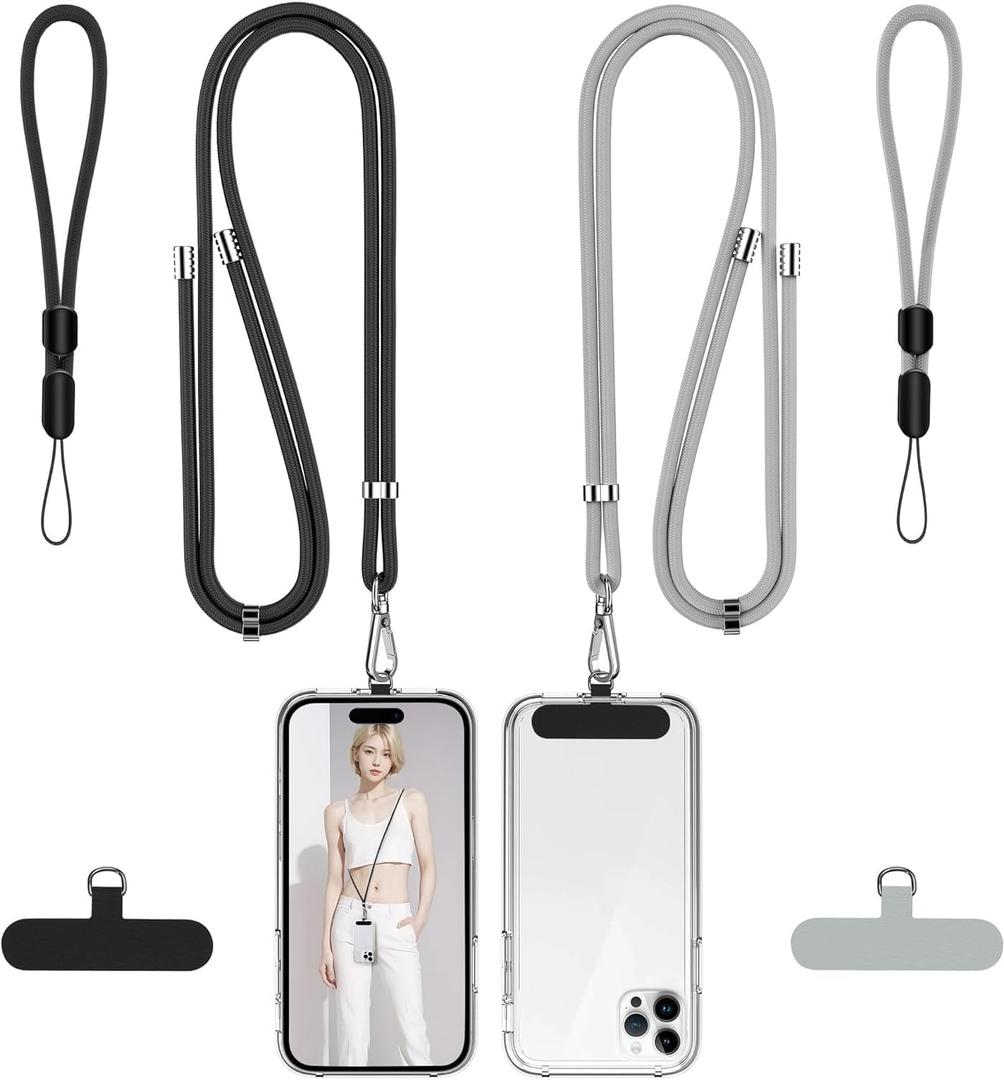 takyu Phone Lanyard, 2 Pack Adjustable Cell Phone Lanyard Crossbody Neck Strap & 2 Pack Phone Wrist Strap with 2 Pcs Tether Tabs Compatible for iPhone Android SmartphonesBlack Grey