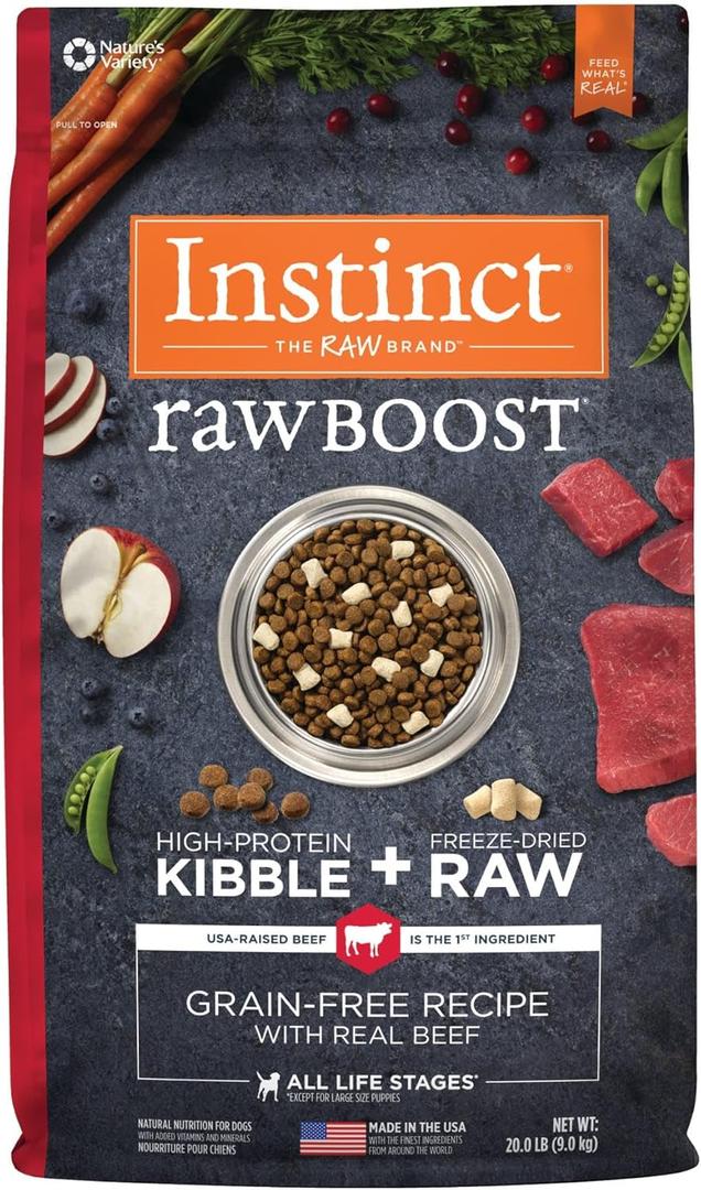Instinct Raw Boost, Natural Dry Dog Food with Freeze Dried Pieces, High Protein, Grain Free Recipe - Real Beef, 20 lb. Bag BB Date Apr 17 2026