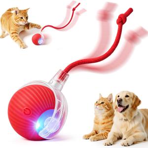 Interactive Electric Automatic Rolling Moving USB Rechargeable Self Activated Play Stimulation Toy Smart Chase Teaser Ball with Speedy Tail Rope for Bored Adult Indoor Cats Puppy Dogs, Red
