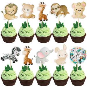 Gyufise 36Pcs Safari Animals Cupcake Toppers Jungle Animals Cupcake Picks Elephant Giraffe Lion Hippo Monkey Zebra Leaf Cake Decorations for Forest Theme Baby Shower Wild Birthday Party Supplies