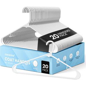 coconino Plastic Hangers 20 Pack - Non-Slip Clothes Hangers with Built-in Hooks - Heavy Duty Space Saving Coat Hangers for Closet - Durable Clothing Hanger for Shirts, Pants, Dress, Coats - White