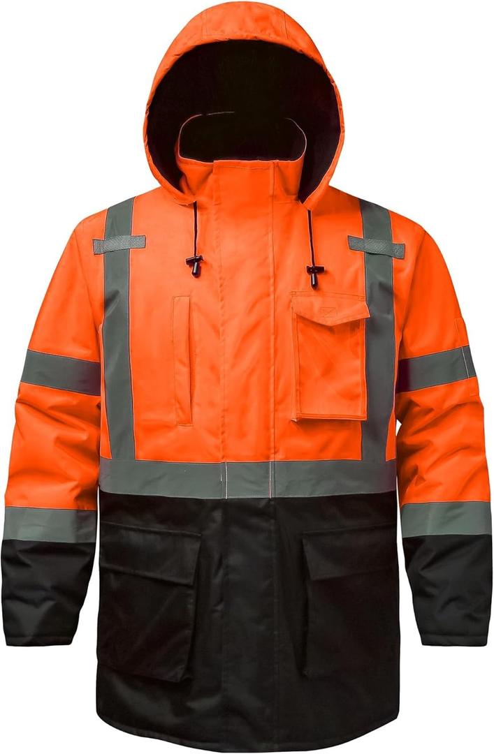 Reflective Jacket, High Visibility Parka, Waterproof Hi Vis, Safety Jacket with Removable Hood and Zipper, ANSI Class 3 (Orange,2XL)