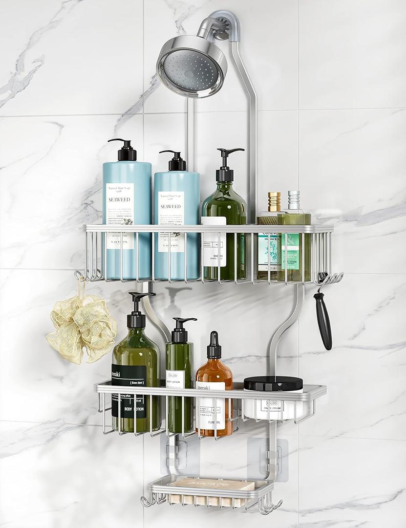 YASONIC Shower Caddy Hanging - Never Rust Shower Organizer - Aluminum Over The Head Caddy with 10 Hooks for Razor/Sponge - Rack with Soap Basket - Silver YASONIC Shower Caddy Hanging - Never Rust Shower Organizer - Aluminum Over The Head Caddy with 10 Hooks for Razor/Sponge - Rack with Soap Basket - Silver