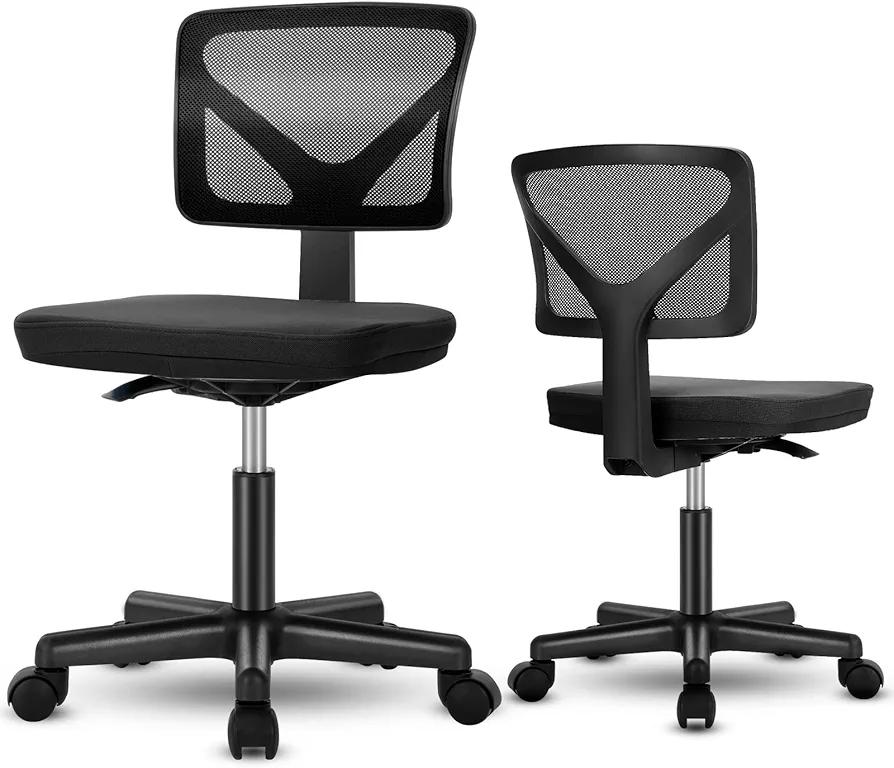 Armless Mesh Office Chair, Ergonomic Computer Desk Chair, No Armrest Small Mid Back Executive Task Chair with Lumbar Support and Swivel Rolling for Small Spaces, Black