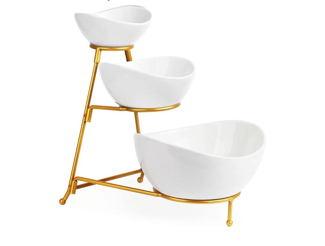 LAUCHUH 3 Tier Serving Stand Serving Dishes for Entertaining Porcelain Oval Bowl Set Tiered Serving Tray for Fruit, Vegetable, Nuts, Salad, Chip Dip Bowl Set for Easter, Mother's Day, Gold