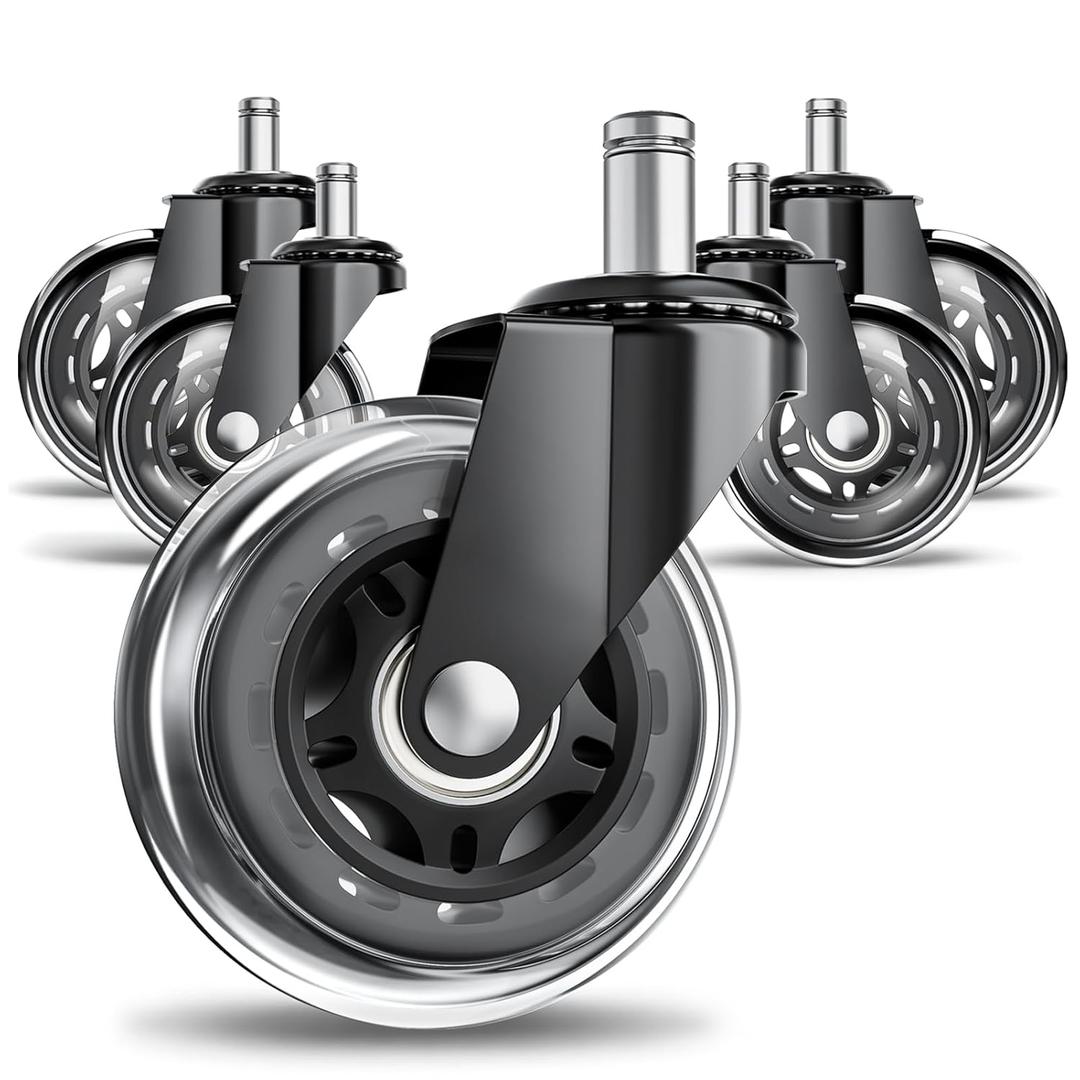 Office Chair Wheels for Hardwood Floor, 5 Pack 3 Inch Heavy Duty PU Caster Wheels, Replacement Casters Universal Stem, Quiet & Smooth for Most Chairs