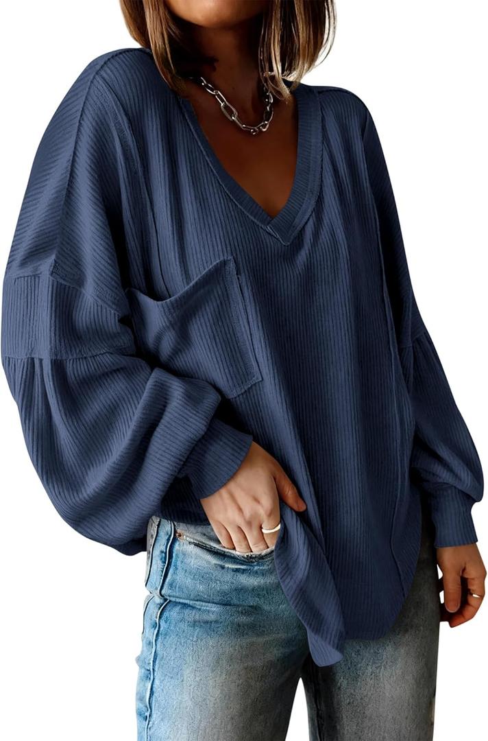 BTFBM Womens Fall Fashion 2026 Long Sleeve Shirts Casual V Neck Ribbed Knit Blouses Pullover Trendy Loose Fit Tunic Tops (Medium, Solid Blue)