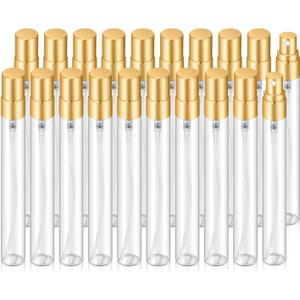 20Pcs 10ml Empty Clear Glass Mist Spray Bottle Refillable Mini Perfume Atomizer Travel Sample Bottle with Golden Aluminized Nozzle Makeup Container for Perfume (10ml Gold Caps)