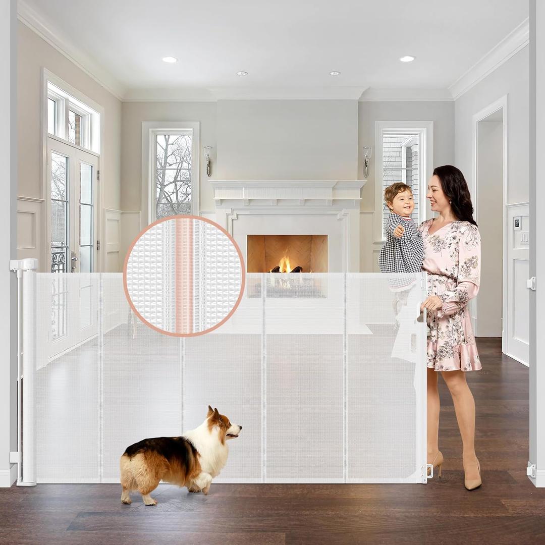 Reinforced 42" Extra Tall x 75" Wide Retractable Gate with Support Rods - Prevent Crawling Under Extra Tall Baby Gate Retractable Dog Gate Indoor Long Dog Gate Outdoor Retractable Pet Gate, White