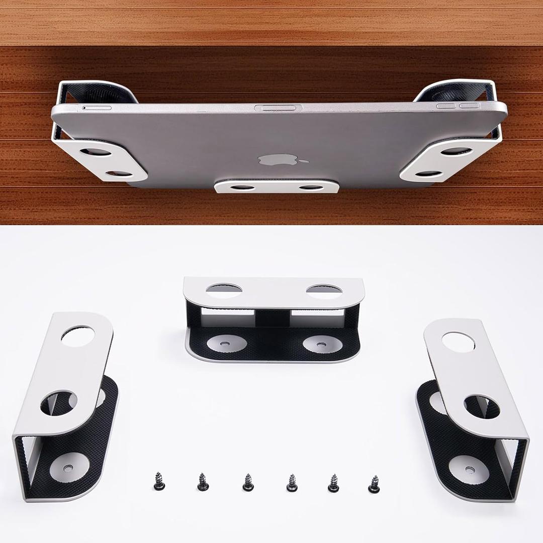 BYMECOST Under Desk Laptop Storage Mount, Metal Under Desk Device Holder, for Devices Up to 1.37" Thick, MacBook, Mini, Keyboard, Router, with Anti-Scratch Silicone (White)