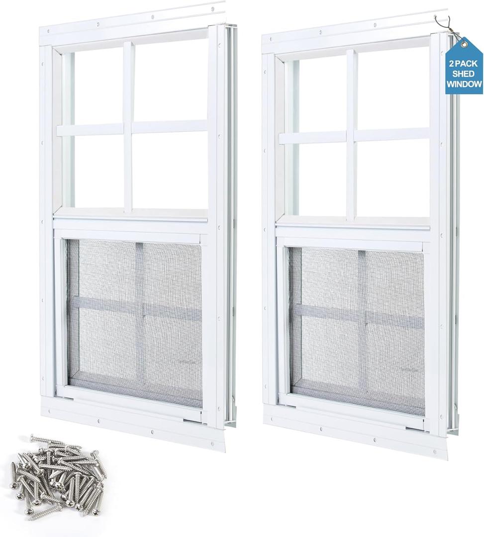 2 Pack Shed Window 12"X18" White Flush Mount Household Windows with Tempered Glass and Fiberglass Screen for Shed Chicken Coop Playhouse and Garage