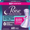 Poise Overnight Ultra Thin Incontinence & Postpartum Pads with Wings for Bladder Leaks, 8 Drop Extra Absorbent, Long Length, 60 Count (3 Packs of 20)