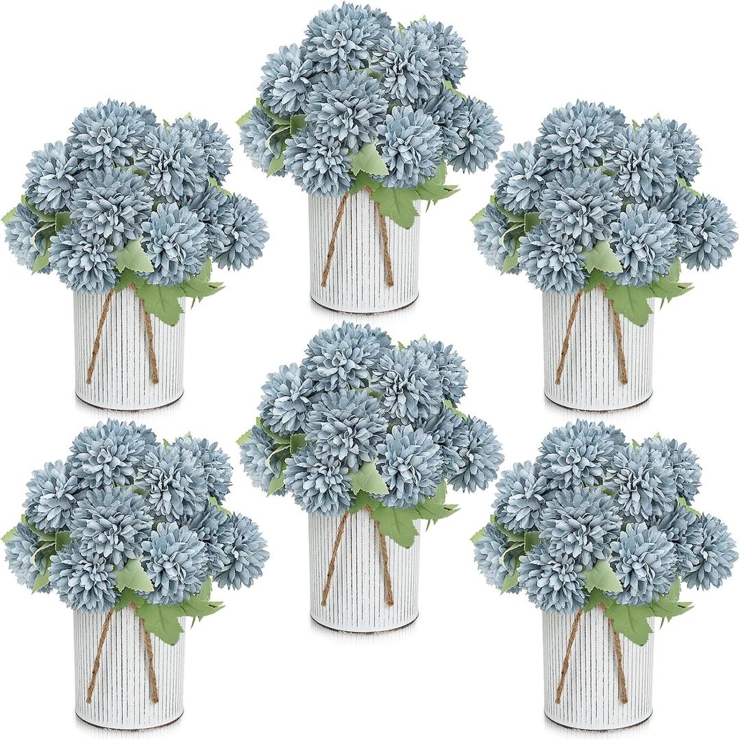 Pre-Made Flower Table Centerpieces, Set of 6 Artificial Silk Chrysanthemum with Farmhouse Metal Vases for Wedding, Birthday Parties, Home, Dining Table Decorations - Dusty Blue