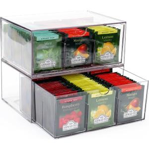 CLUQMEIK 2 Large Acrylic Tea Bag Organizer, 9 Grids Tea Organizers and Storage with Acrylic Drawers Stackable, Teabag Holder Organizer for Counter Countertop Kitchen Cabinet