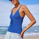 Arach&Cloz 2025 Women's Summer Boho Cami Tops V Neck Crochet Sleeveless Cute Tank Going Out Outfits Beach Vacation Clothes (Blue, S)