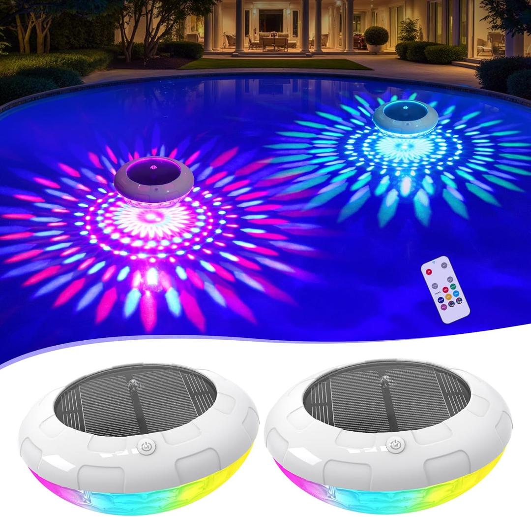 Floating Pool Lights w/Remote, 6.5 Inch RGB Solar Pool Lights That Float with 9 Dynamic Lighting, IP68 Waterproof Pool Floating Light, Hangable Solar Floating Light for Pools Party Garden(2)