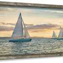 Coastal Framed Wooden Wall Art: Ocean Painting Art Sail Boats Artwork Decor Sunset Seascape Picture Prints for Bedroom 24"x12"