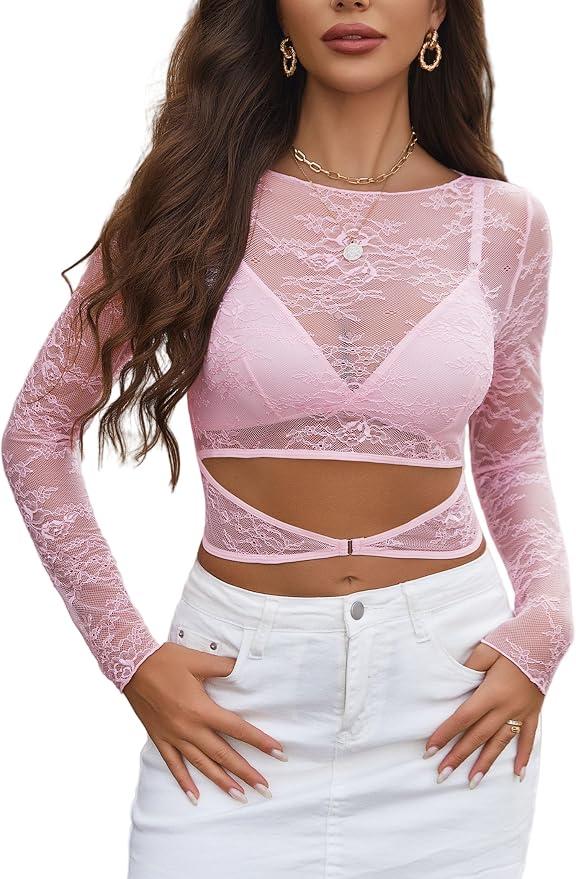 Avidlove Womens Long Sleeve Mesh Top Mock Neck Sexy See Through Shirt Cut Out Floral Lace Tops (with Bra), Size XL