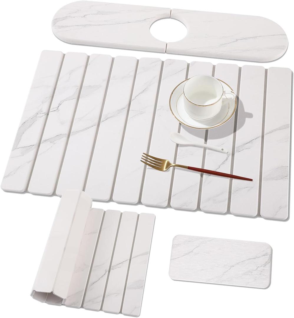 3 PCS Large Stone Dish Drying Mat for Kitchen Counter, Quick Dry Stone Dishes Mats, Sink Faucet Mat, Marble Water Absorbing Diatomaceous Earth Drying Pad for Countertop Tableware, Bottles (24*16inch+16*4inch+8*4inch, White Grey Marble)