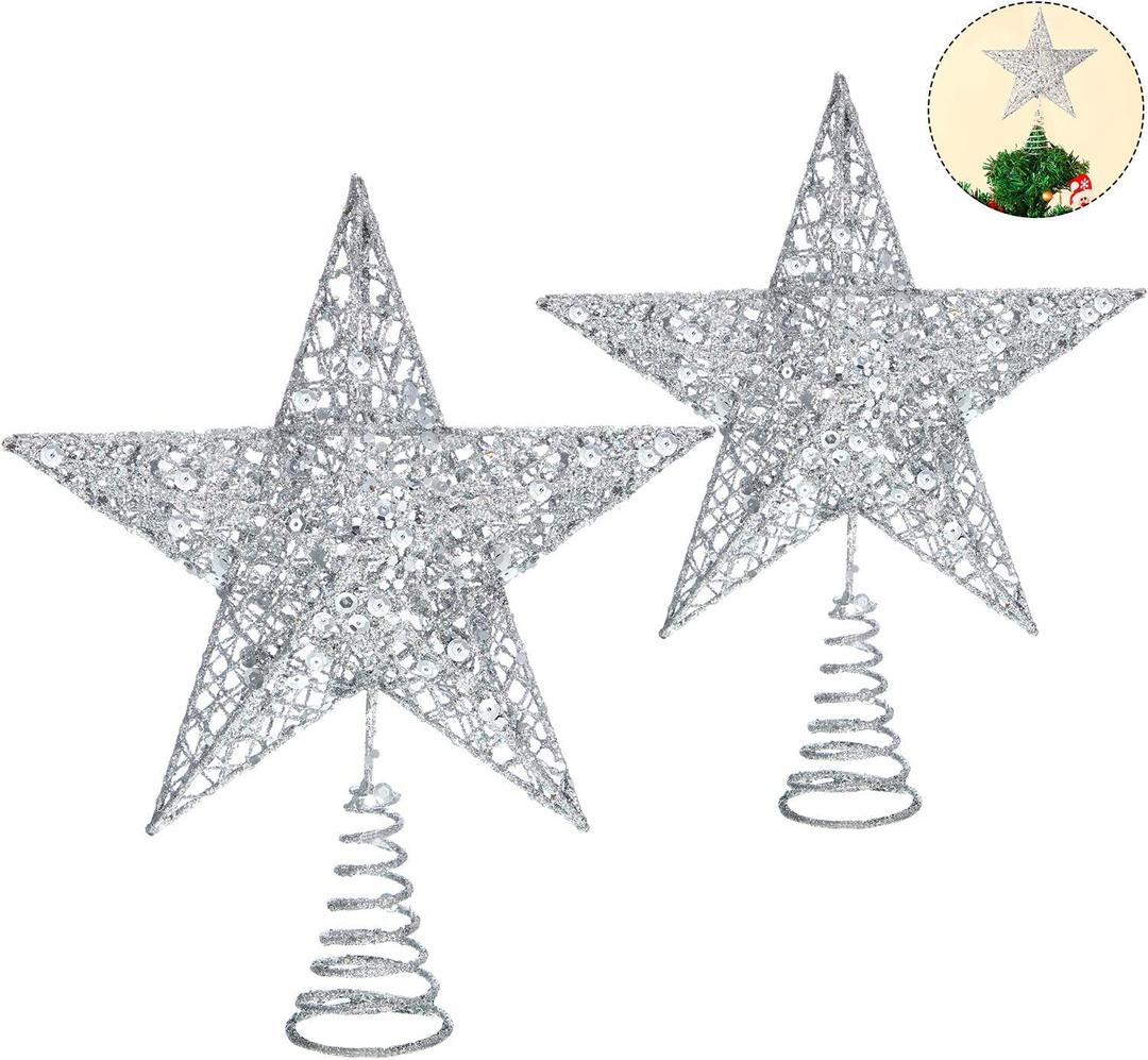 Blulu 2 Pieces Metal Glittered Christmas Tree Topper Star Treetop Hollow Wire Star Topper for Christmas Tree Ornament, 2 Sizes (Silver)