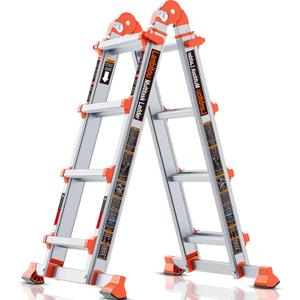 LANBITOU Ladder, A Frame 4 Step Ladder Extension, 14 FT Anti-Slip Multi Position & Storage Folding Ladder, 330 lbs Security Load Telescoping Aluminum Ladders for Stairs Home Indoor Outdoor Roof (Silver)