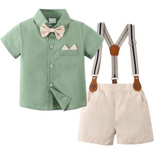YUEMION Baby Boy Clothes Suits, Toddler Summer Formal Short Shirt+ Bowtie+ Suspender Shorts Gentleman Wedding Outfit(12M-5T) (18-24 Months)