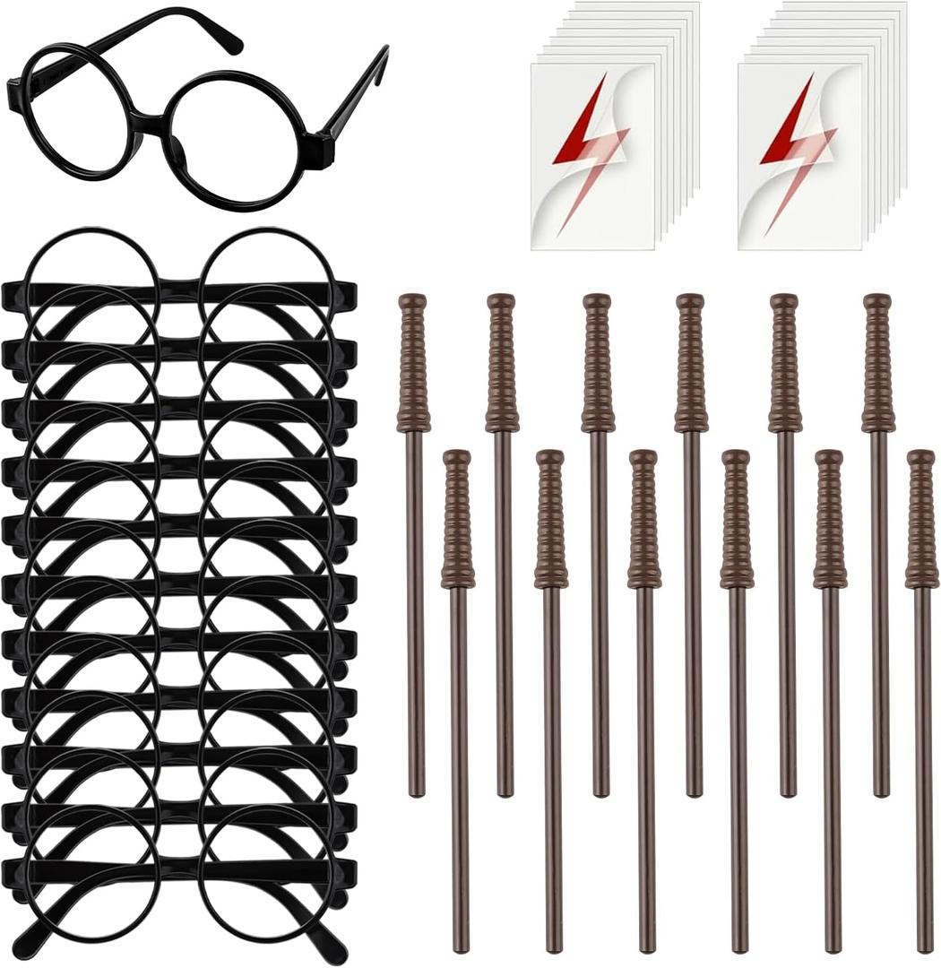 36Pcs Wizard Theme Party Favors - Wand Pencils Wizard Glasses with No Lenses Lightning Bolt Scar Temporary Tattoo for Teen Kid Student Magic Birthday Party Favors Halloween Decor School Rewards Black