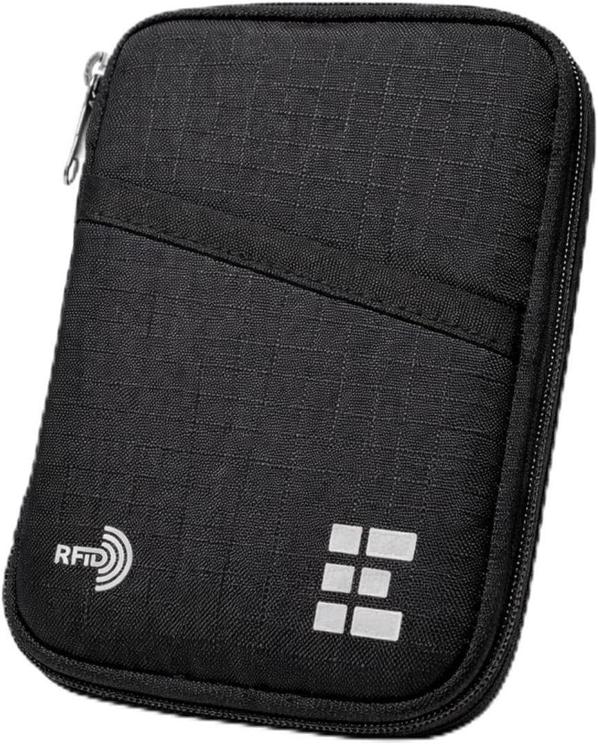 Zero Grid RFID Passport Holder & Travel Wallet, Zippered Wallet for Men & Women, Fits Passport, Cards, Cash, Tickets, ID, Sim Card; Premium & Compact Travel Document Holder - Midnight Black (Single)