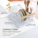 YAMAZAKI Home Dish Drying Rack Modern White Dish Rack for Kitchen Counter with Removable Drainer Tray and Cutlery Holder, Steel + Wood Dish Drying Organizer - Steel + Wood -, One Size