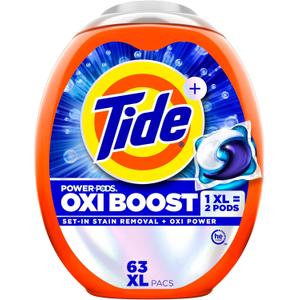 Tide Oxi Boost Power PODS Laundry Detergent Pacs, 63 Count, Set-In Stain Removal + Oxi Power, laundry soap detergent pacs