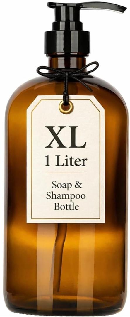 32 Ounce Glass Shampoo and Conditioner Dispenser Bottle with Pump, Shower - 1 Liter Body Wash Dispenser for Shower- by Kitchentoolz (Amber)