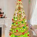Krelymics 6FT Pop Up Christmas Tree Whimsical Christmas Tree with 200 LED Lights Remote Control & Ornaments, Collapsible Lime Green Xmas Tree with Santa Hat & Bow Tree Topper