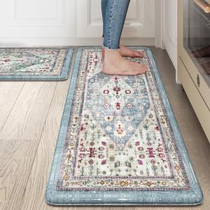 Collive Boho Kitchen Rugs and Mats 2PCS Cushioned Anti-Fatigue Floor Mat, Waterproof Kitchen Rug Set of 2 Non-Skid Comfort Standing Mat for Kitchen,Home,Office,Sink,Laundry,17.3"x29"+17.3"x47"