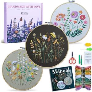 ETSPIL Beginner Embroidery Kits for Adults, 3-Pack Botanical Floral Designs, Master 11 Stitches with 4K Video Tutorials & Bound Guide,Craft Gift for Women