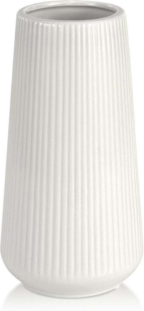 White Ceramic Vase for Flowers, Tall Home Decor Vase with Ribbed Texture, Vases for Centerpieces, Farmhouse Decor, Living Room, Decor Bedroom, Table, and Kitchen Shelf (XL White)