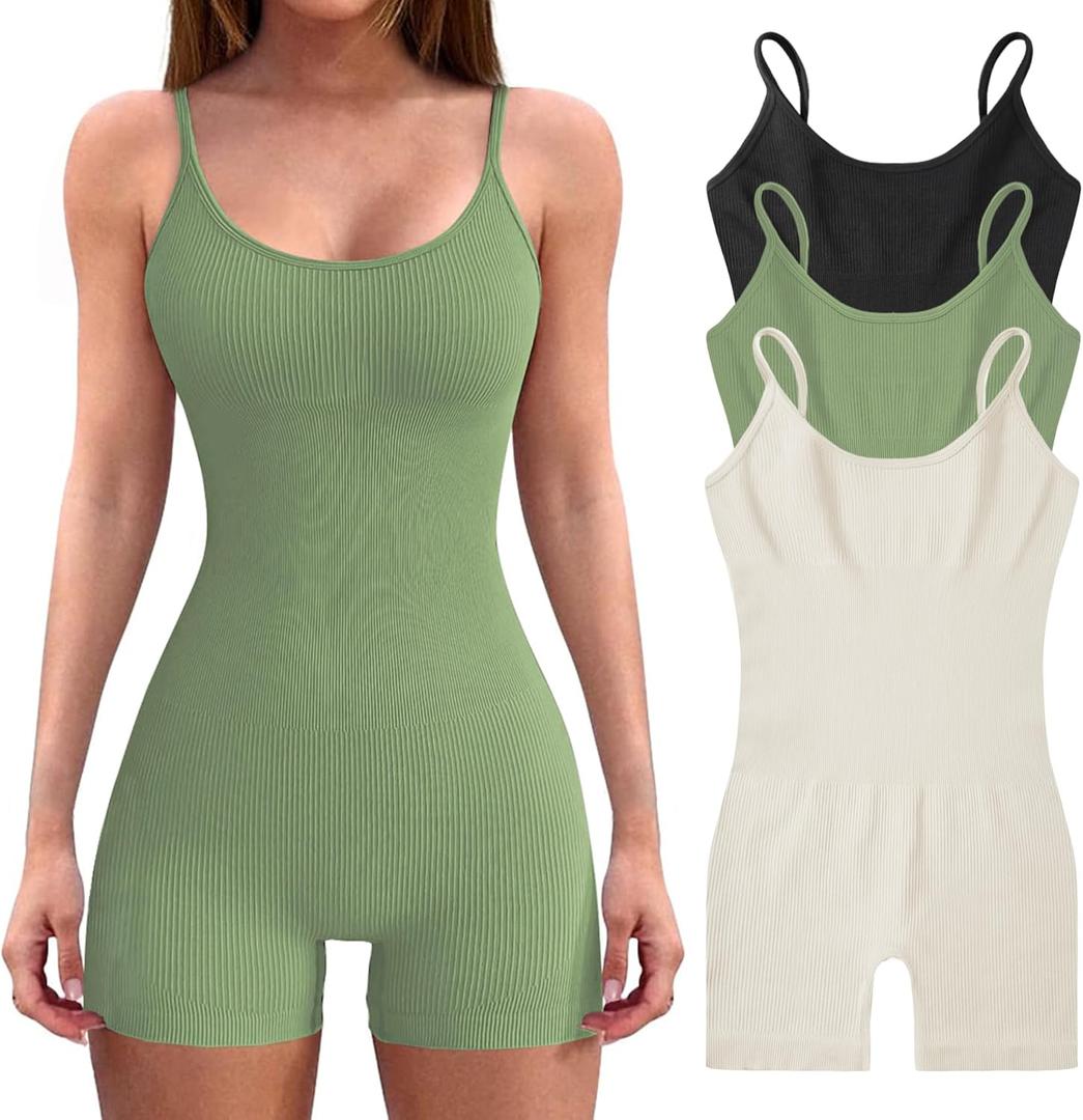 Pack of 3 Womens Bodysuit Yoga Workout Romper One Piece Outfits Ribbed Sleeveless Going Out Bodycon Jumpsuit Shorts (Medium, Black/Beige/Watercress)