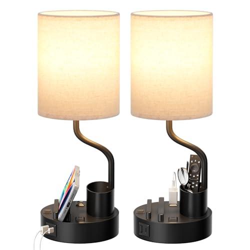 Bedside Table Lamps for Bedroom Set of 2 - Nightstand Light with AC Outlet and USB A & C for Charging, 3 Color Temperatures, Study Desk Lamp with Pen Holder & Phone Stand for Living Room/Dorm/Office