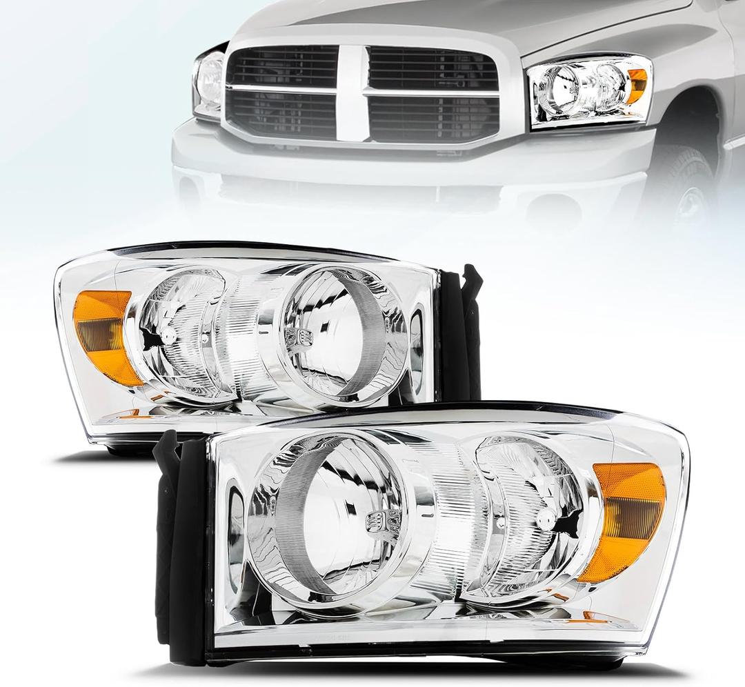 Front Headlight Assembly for 2006-2008 DODGE RAM 1500/2006-2009 DODGE RAM 2500, 3500 Pickup - Replacement Headlamp, Front Bumper Lights (Chrome-Amber)