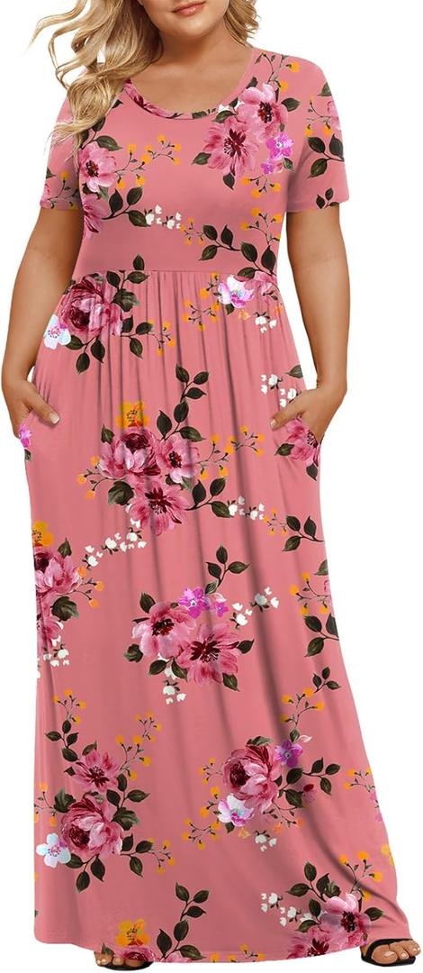 LONGYUAN Women's Plus Size Maxi Dresses for Curvy Women Summer Short Sleeve Casual 2026 Long Dress 5XL