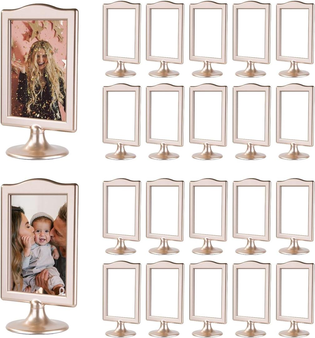 20 Pack Double Sided Standing Picture Frame 4x6 Plastic Photo Frame Bulk White Picture Display Holder Stand for Table Number, Menu, Wedding, Christmas,Thanksgiving,Fall Decor (Champagne Gold)