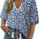 Vivilli Womens Summer Boho Tops Casual V Neck Short Sleeve Blouses Floral Print Shirt Tie Front Flowy Vacation Clothes, M