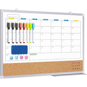 Calendar Whiteboard Dry Erase Cork Board Combo for Wall, 24" x 18" Monthly Magnetic Calendar White Board and Bulletin Board for Office, Kitchen, School, Home (Style A)
